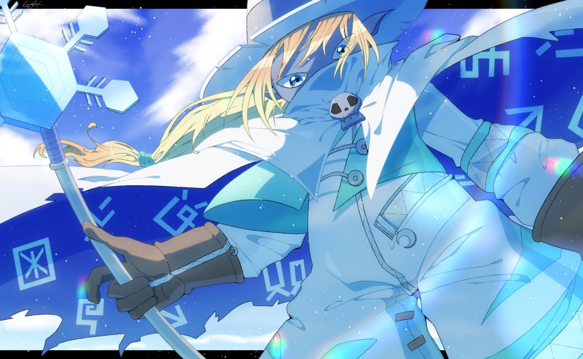 1boy blonde_hair brown_gloves cape cloud coat day digimon digimon_(creature) from_below gloves guoh_ga_gotoku hat highres holding holding_wand long_hair long_sleeves looking_at_viewer looking_down male_focus outdoors pointy_ears staff torn_cape torn_clothes wand white_cape white_coat white_headwear wizard_hat wizarmon