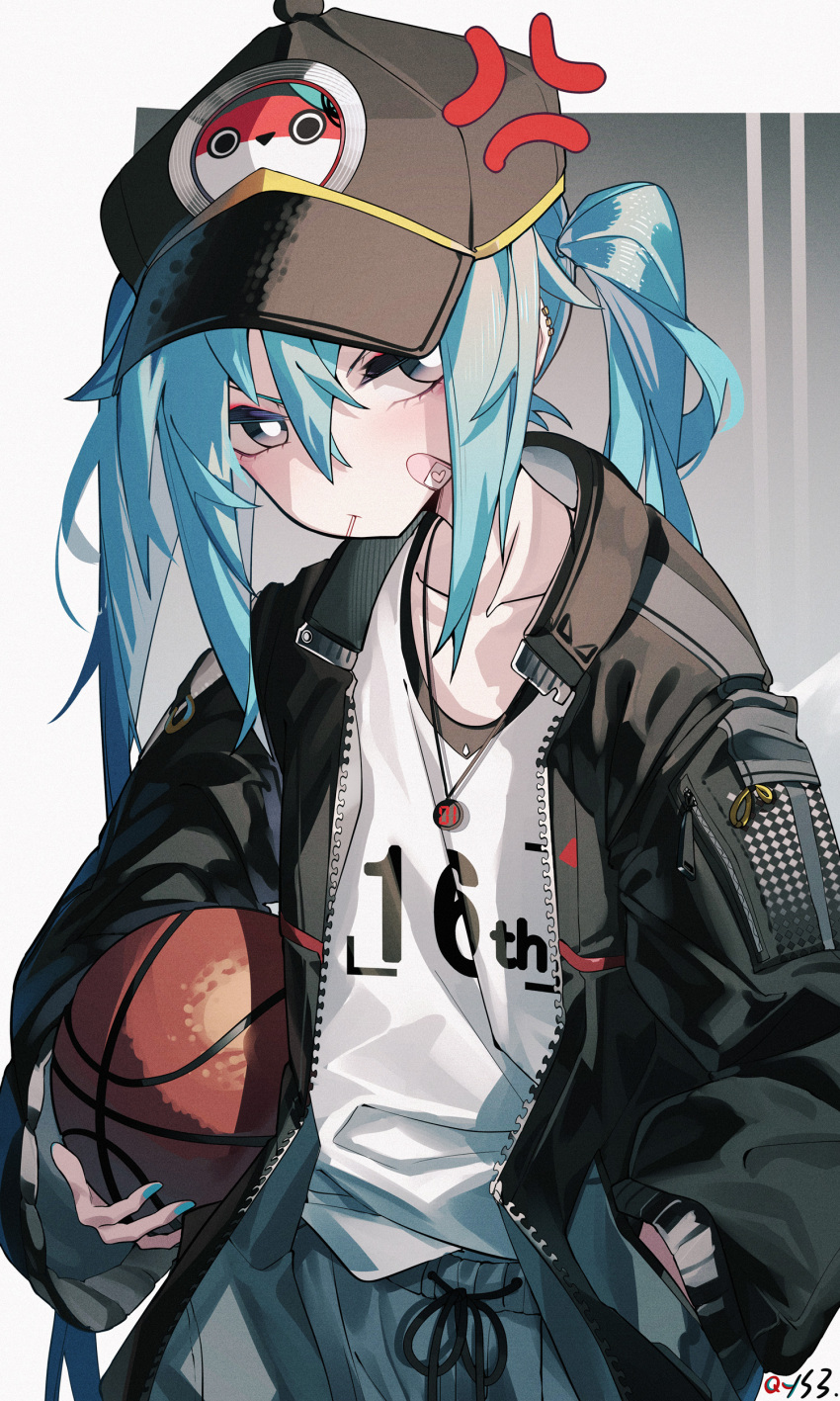 1girl absurdres anger_vein aqua_eyes aqua_hair bandaid bandaid_on_cheek bandaid_on_face baseball_cap basketball hand_in_pocket hat hatsune_miku highres jacket jewelry long_hair looking_at_viewer open_clothes open_jacket pendant qys3 solo twintails vocaloid