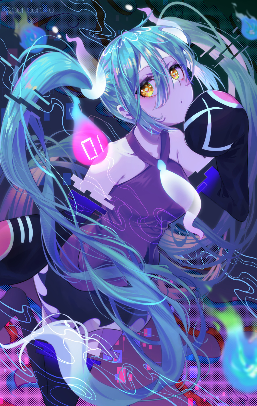 1girl absurdres aqua_hair black_thighhighs denko_(ziutyou3maruhho) detached_sleeves floating ghost ghost_miku_(project_voltage) glitch gradient_hair grey_shirt hair_between_eyes hatsune_miku highres long_hair looking_at_viewer multicolored_hair necktie pokemon project_voltage see-through see-through_skirt shirt skirt thighhighs twintails very_long_hair vocaloid will-o'-the-wisp_(mythology) yellow_eyes