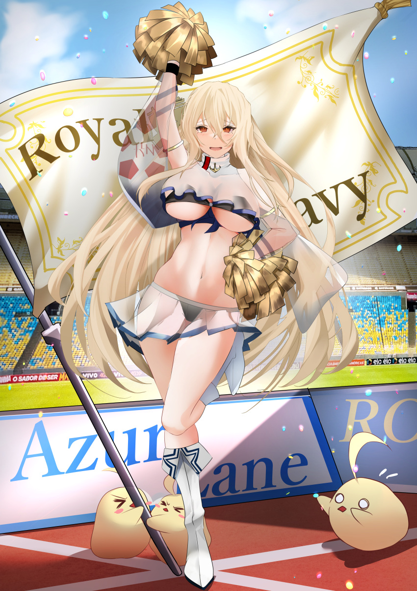 &gt;_&lt; 1girl absurdres arm_up armlet azur_lane bare_shoulders bikini bird black_bikini blonde_hair blue_sky blush boots breasts cheerleader chick cloud commentary_request commission confetti copyright_name cosplay covered_collarbone crop_top crop_top_overhang day flag full_body hair_between_eyes hand_on_own_hip highres holding holding_pole holding_pom_poms implacable_(azur_lane) ishida_katsuzane large_breasts long_bangs long_hair looking_at_viewer manjuu_(azur_lane) navel o_o open_mouth pixiv_commission pole pom_pom_(cheerleading) red_eyes reno_(azur_lane) reno_(azur_lane)_(cosplay) reno_(biggest_little_cheerleader)_(azur_lane) see-through see-through_cleavage see-through_shirt see-through_skirt see-through_sleeves shadow shirt sidelocks skindentation skirt sky sleeveless soccer_field solo_focus stadium standing standing_on_one_leg stomach swimsuit thigh_boots two-tone_shirt two-tone_skirt underboob very_long_hair white_footwear white_shirt white_skirt