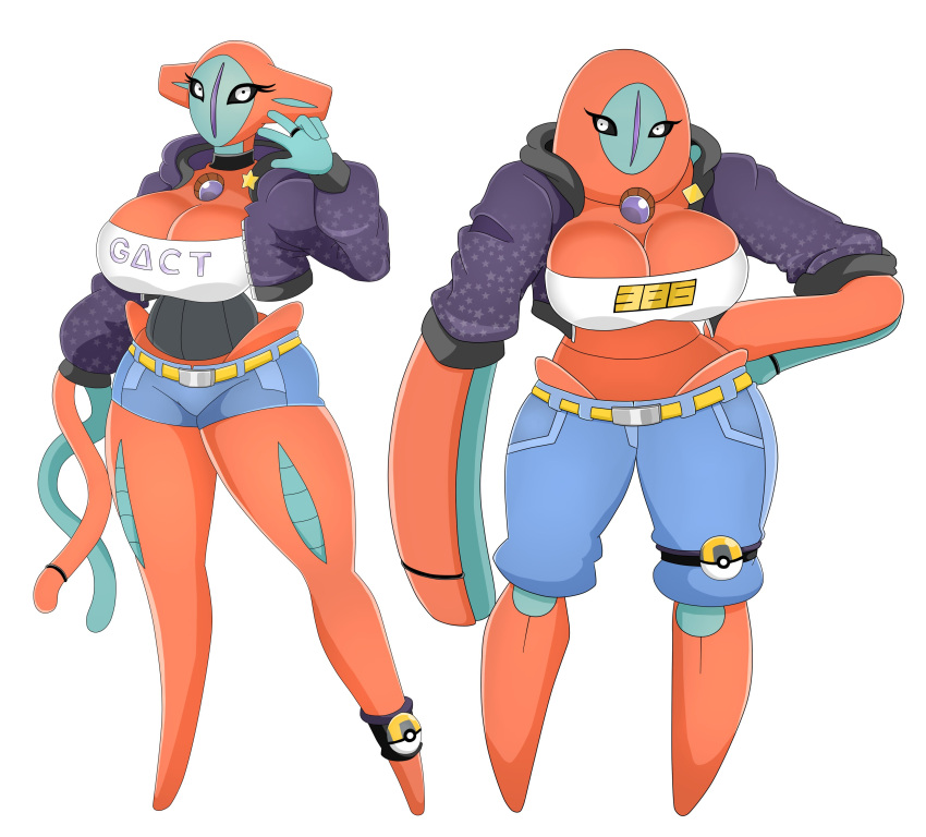 absurd_res anthro big_breasts bottomwear breasts clothing collar defense_forme_deoxys deoxys duo female generation_3_pokemon hi_res jacket legendary_pokemon legwear nintendo pants pokeball pokemon pokemon_(species) red_body ring shirt shorts simple_background star topwear urusee584 white_background white_eyes