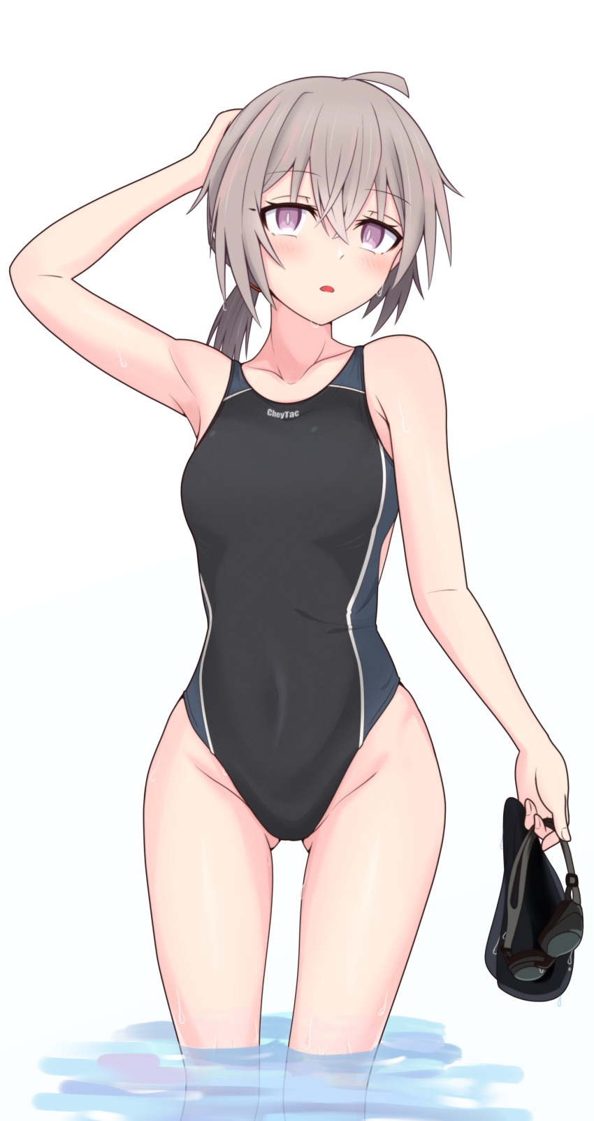 absurdres ahoge breasts competition_swimsuit girls'_frontline goggles gotoo green_eyes hair_ornament hairclip highres one-piece_swimsuit ponytail small_breasts swim_cap swimsuit