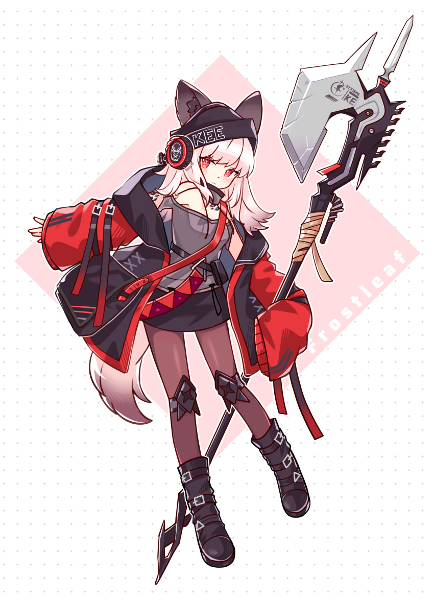 1girl :&lt; absurdres animal_ears arknights beanie behind-the-head_headphones black_footwear black_headwear black_shorts breasts brown_pantyhose character_name commentary detached_sleeves diamond_(shape) ears_through_headwear flipped_hair fox_ears fox_girl fox_tail frostleaf_(arknights) full_body grey_shirt halberd hat headphones highres holding holding_polearm holding_weapon implied_extra_ears jacket knee_pads lalihop long_sleeves looking_at_viewer open_clothes open_jacket pantyhose pantyhose_under_shorts pink_hair polearm polka_dot polka_dot_background red_eyes red_jacket shirt shoes short_hair shorts simple_background sleeves_past_wrists small_breasts solo tail weapon white_background