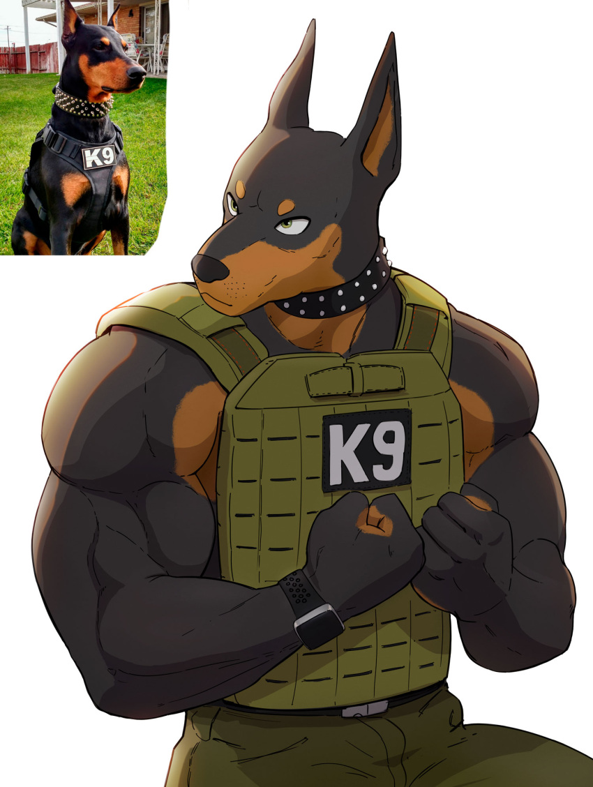 2023 ambiguous_gender anthro biceps black_body black_ears bottomwear brown_body brown_inner_ear canid canine canis clothed clothing domestic_dog feral fingers fist grass green_bottomwear green_clothing hi_res kinhey mammal meme plant simple_background solo white_background