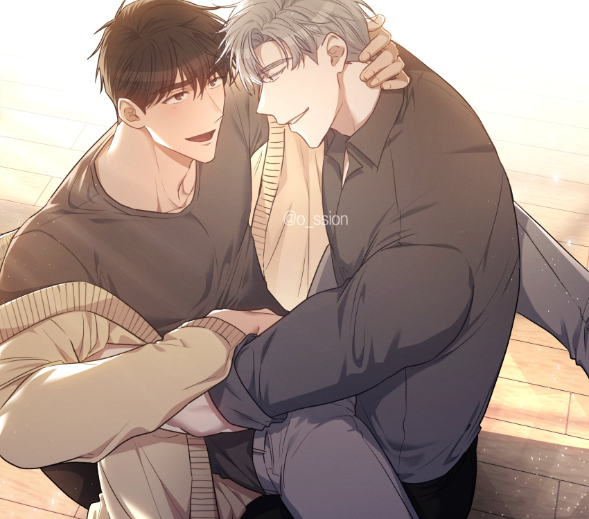 2boys black_pants black_shirt brown_cardigan brown_eyes brown_hair cardigan collared_shirt feet_out_of_frame hand_on_another's_neck highres hug ilay_riegrow jeong_taeui long_sleeves looking_at_another male_focus multiple_boys o_ssion on_floor pants passion_(manhwa) shirt short_hair twitter_username white_hair wooden_floor yaoi