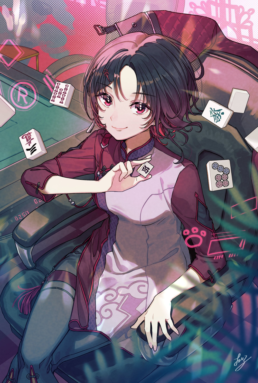 1girl absurdres black_hair breasts cherico china_dress chinese_clothes colored_inner_hair dress earrings gradient_hair grey_pantyhose hair_ornament hairclip highres holding holographic_interface iris_black_games jacket jacket_removed jewelry kisaragi_ren_(vtuber) looking_at_viewer mahjong mahjong_table mahjong_tile mandarin_collar medium_breasts multicolored_hair pantyhose paw_print pink_dress plant red_eyes red_hair red_jacket red_sleeves signature single_earring sitting sleeves_past_elbows smile solo table thigh_strap virtual_youtuber vspo!