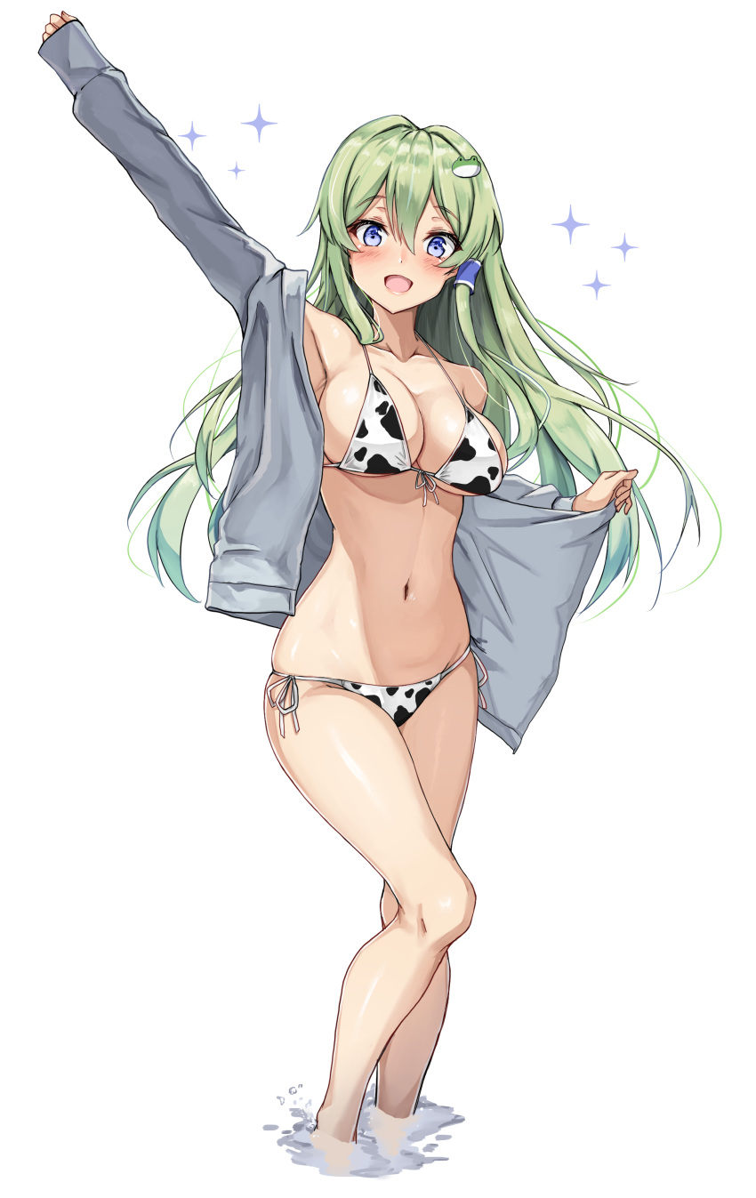 1girl :d absurdres alternate_costume amagi_(amagi626) animal_print arm_up armpits bare_legs barefoot bikini blue_eyes blush breasts cleavage collarbone cow_print curvy frog_hair_ornament front-tie_bikini_top front-tie_top full_body green_hair grey_jacket hair_between_eyes hair_ornament hair_tubes halterneck happy highres jacket kochiya_sanae large_breasts long_hair long_sleeves looking_at_viewer navel no_pants open_clothes open_jacket open_mouth outstretched_arm side-tie_bikini_bottom sidelocks simple_background skindentation sleeves_past_wrists smile solo sparkle standing stomach string_bikini swimsuit thighs touhou underboob wading water white_background