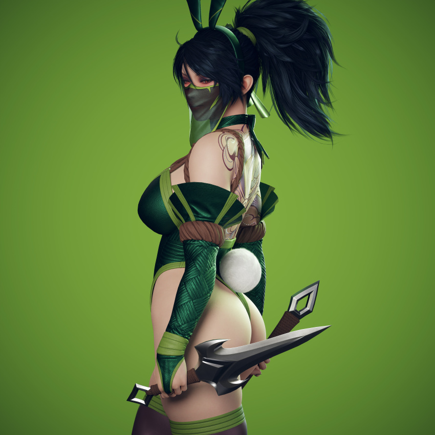 1girl 3d absurdres akali alternate_costume animal_ears ass back_tattoo black_hair blender_(medium) breasts bridal_gauntlets cowboy_shot dagger dragon_tattoo dual_wielding fake_animal_ears fake_tail from_side green_background green_hairband green_leotard hairband high_ponytail highleg highleg_leotard highres holding holding_dagger holding_knife holding_weapon knife large_breasts league_of_legends leotard long_hair looking_at_viewer mask mouth_mask mouth_veil playboy_bunny rabbit_ears rabbit_tail red_eyes ryanreos see-through shoulder_tattoo sideways_glance solo tail tattoo thighhighs veil weapon