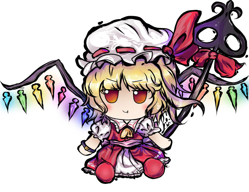 1girl ascot blonde_hair blush bow bracelet chibi collared_shirt commentary english_commentary fang flandre_scarlet frilled_shirt_collar frilled_skirt frills fumo_(doll) hat hat_ribbon highres jewelry laevatein_(touhou) lis_(lislisette) looking_at_viewer medium_hair mob_cap no_nose orange_ascot outline parted_bangs puffy_short_sleeves puffy_sleeves red_bow red_eyes red_footwear red_ribbon red_skirt red_vest ribbon shirt short_sleeves side_ponytail signature simple_background skirt skirt_set smile solo tokiame_(style) touhou v-shaped_eyebrows vest wavy_hair white_background white_headwear white_shirt white_skirt wings