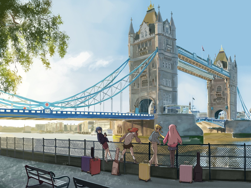 4girls bench blonde_hair blue_hair blue_sky bocchi_the_rock! bridge commentary_request day england gotou_hitori highres ijichi_nijika instrument_case kita_ikuyo london long_hair multiple_girls outdoors pink_hair red_hair river rolling_suitcase scenery sky standing suitcase sukoya_tsukasa tower_bridge_(london) united_kingdom water wide_shot yamada_ryou