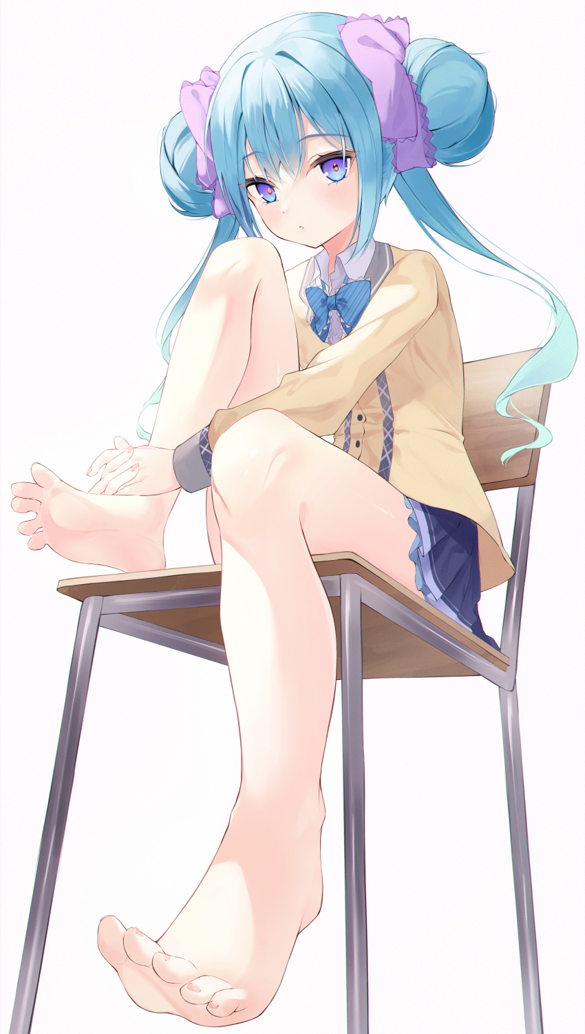 1girl absurdres aid! aqua_hair barefoot blue_bow blue_bowtie blue_eyes blue_hair blue_skirt blush bow bowtie closed_mouth collared_shirt commission desk double_bun feet foot_focus foreshortening full_body gradient_eyes grey_background hair_bun hair_ribbon hand_on_own_foot highres knee_up legs long_sleeves miniskirt multicolored_eyes ongeki own_hands_together pixiv_commission pleated_skirt purple_eyes purple_ribbon ribbon school_desk school_uniform shirt sidelocks simple_background sitting skirt soles solo spread_toes suzushima_arisu thighs toenails toes twintails