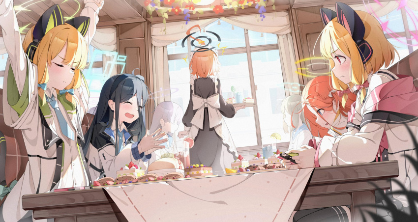 6+girls :t ahoge animal_ear_headphones animal_ears apron aris_(blue_archive) black_dress black_hair black_thighhighs blonde_hair blue_archive blush cake cat_ear_headphones closed_eyes closed_mouth cup curtains day dress faceless faceless_female fake_animal_ears food game_development_department_(blue_archive) halo headphones highres huge_ahoge indoors long_hair long_sleeves maid midori_(blue_archive) momoi_(blue_archive) muina multiple_girls neru_(blue_archive) one_side_up open_mouth orange_hair pout red_eyes red_hair restaurant siblings sisters sitting table tablecloth tail thighhighs twins very_long_hair white_apron window yuzu_(blue_archive)