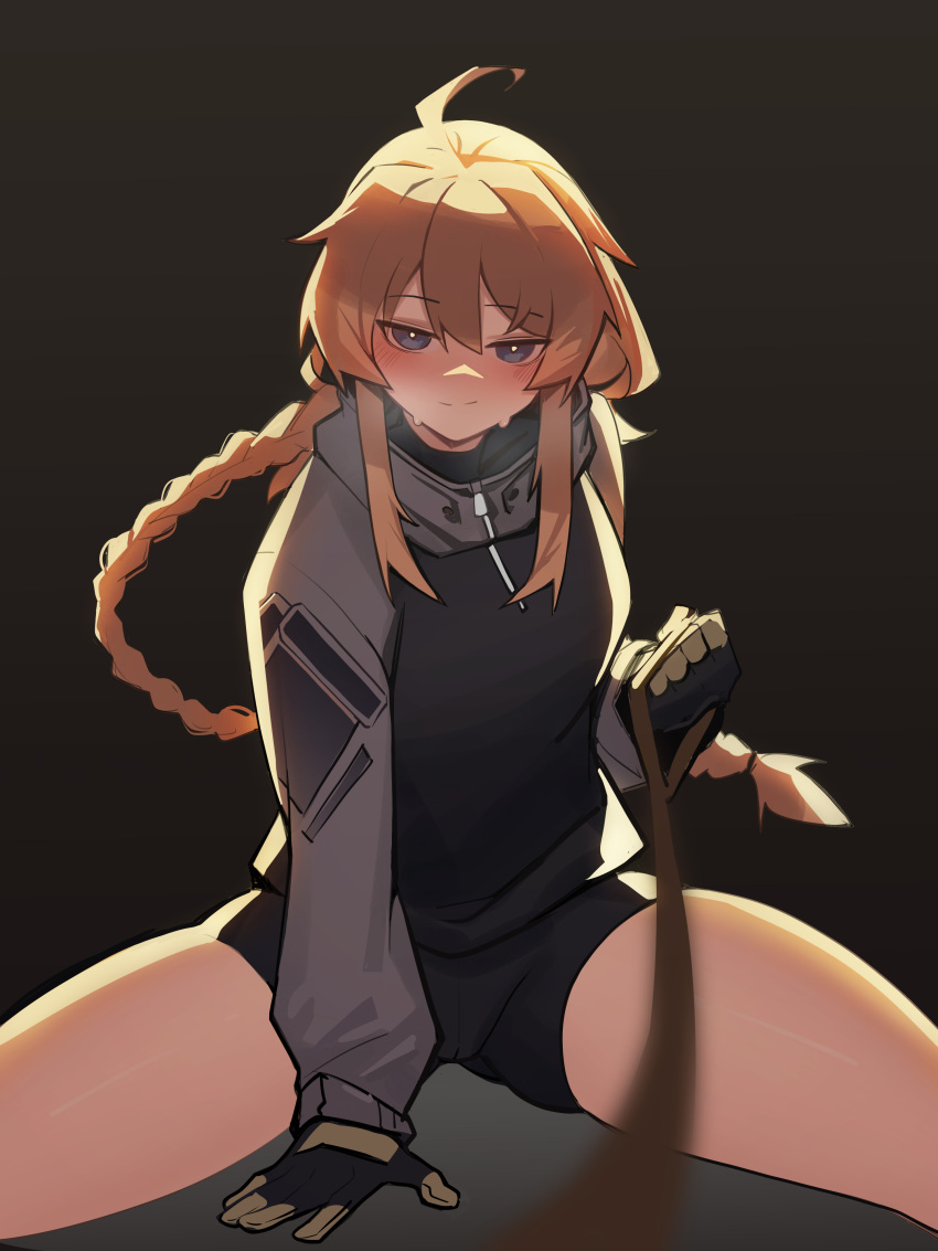 1girl absurdres bike_shorts blonde_hair blush commentary commission distr femdom gloves highres jacket leash long_hair looking_at_viewer original ponytail pov simple_background solo_focus spread_legs track_jacket viewer_on_leash whiskey_(jizi)