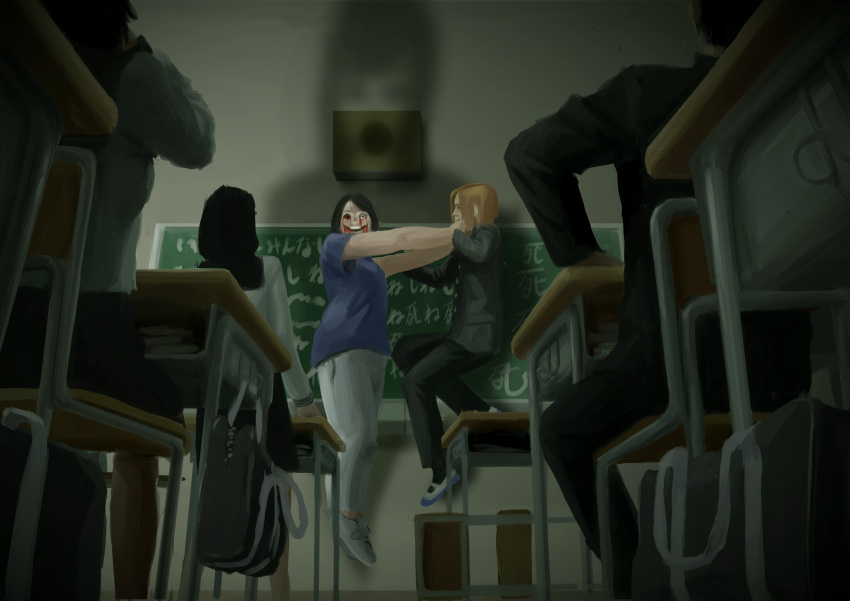 absurdres black_hair blood blood_on_face chair chalkboard desk floating highres horror_(theme) indoors multiple_boys multiple_girls original pants school_desk school_uniform shadow sitting translation_request xlazyx