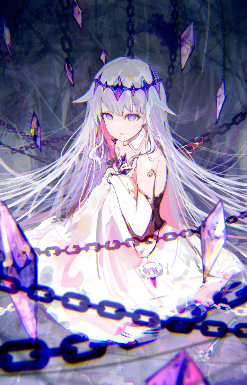 1girl absurdres bare_shoulders bridal_gauntlets chain crown crystal dress highres hololive hololive_english jewelry koseki_bijou light_purple_hair long_hair looking_at_viewer purple_eyes sitting solo virtual_youtuber yto9