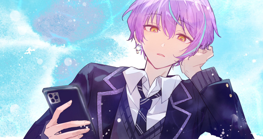 1boy blue_hair blue_jacket blue_necktie cellphone collared_shirt grey_sweater_vest hand_up highres holding holding_phone ichigo_ichie_na_hyakki_yagyou!?_(project_sekai) jacket kamishiro_rui looking_at_viewer multicolored_hair necktie otorrio parted_lips phone project_sekai purple_hair shirt smartphone solo streaked_hair sweater_vest water white_shirt wing_collar yellow_eyes