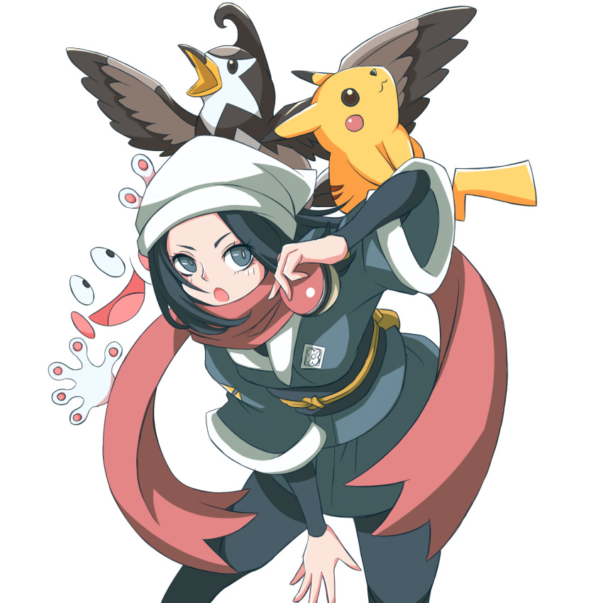 1girl akari_(pokemon) black_hair black_sash black_sleeves creature floating_scarf fujikawa_2gou galaxy_expedition_team_survey_corps_uniform grey_eyes highres holding holding_poke_ball mr._mime open_mouth pikachu poke_ball poke_ball_(legends) pokemon pokemon_(creature) pokemon_(game) pokemon_legends:_arceus red_scarf sash scarf short_hair staravia white_background white_headwear