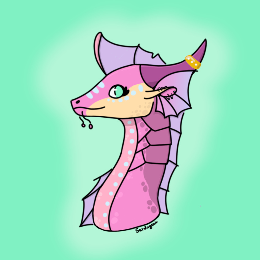 1:1 2023 berry_(nano) collar dragon ear_piercing ear_ring female feral headshot_portrait hi_res horn horn_jewelry hybrid jewelry looking_at_viewer membrane_(anatomy) multicolored_body piercing pink_body portrait rainwing_(wof) ring_piercing scales scalie seawing_(wof) serdagonn shadow signature simple_background smile solo wings_of_fire