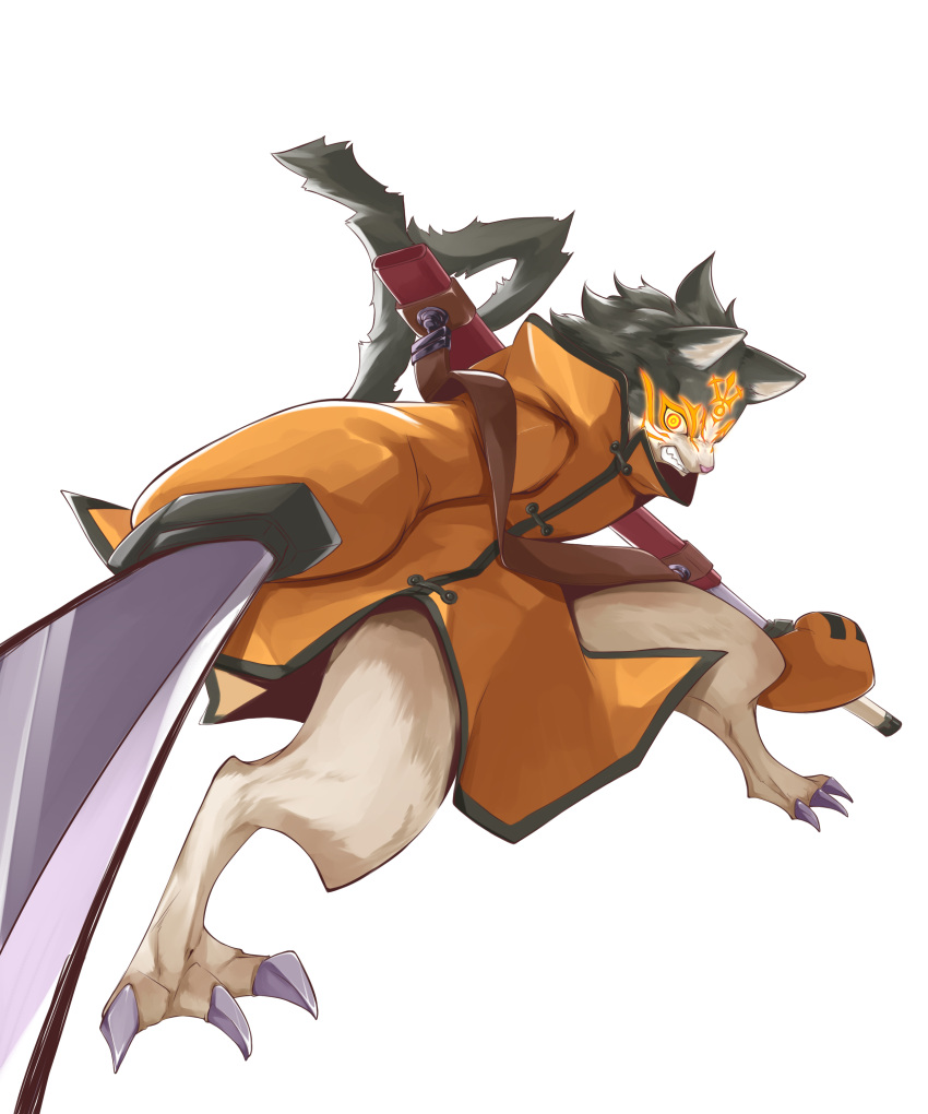 5:6 absurd_res angry bankai blazblue claws clothing coat demonic eye_markings feet felid feline feral hi_res hood jubei_(blazblue) male mammal markings melee_weapon pantsless samurai solo sword topwear unknown_artist warrior weapon