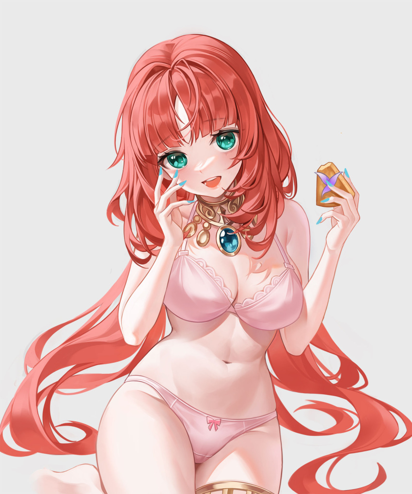 1girl :d aqua_nails bare_shoulders blush bow bowtie bra breasts brooch cameltoe food genshin_impact highres holding holding_food jewelry large_breasts long_hair looking_at_viewer myless navel neck_ring nilou_(genshin_impact) panties parted_bangs pie pink_bra pink_panties red_hair simple_background smile solo stomach thighlet underwear unfinished very_long_hair