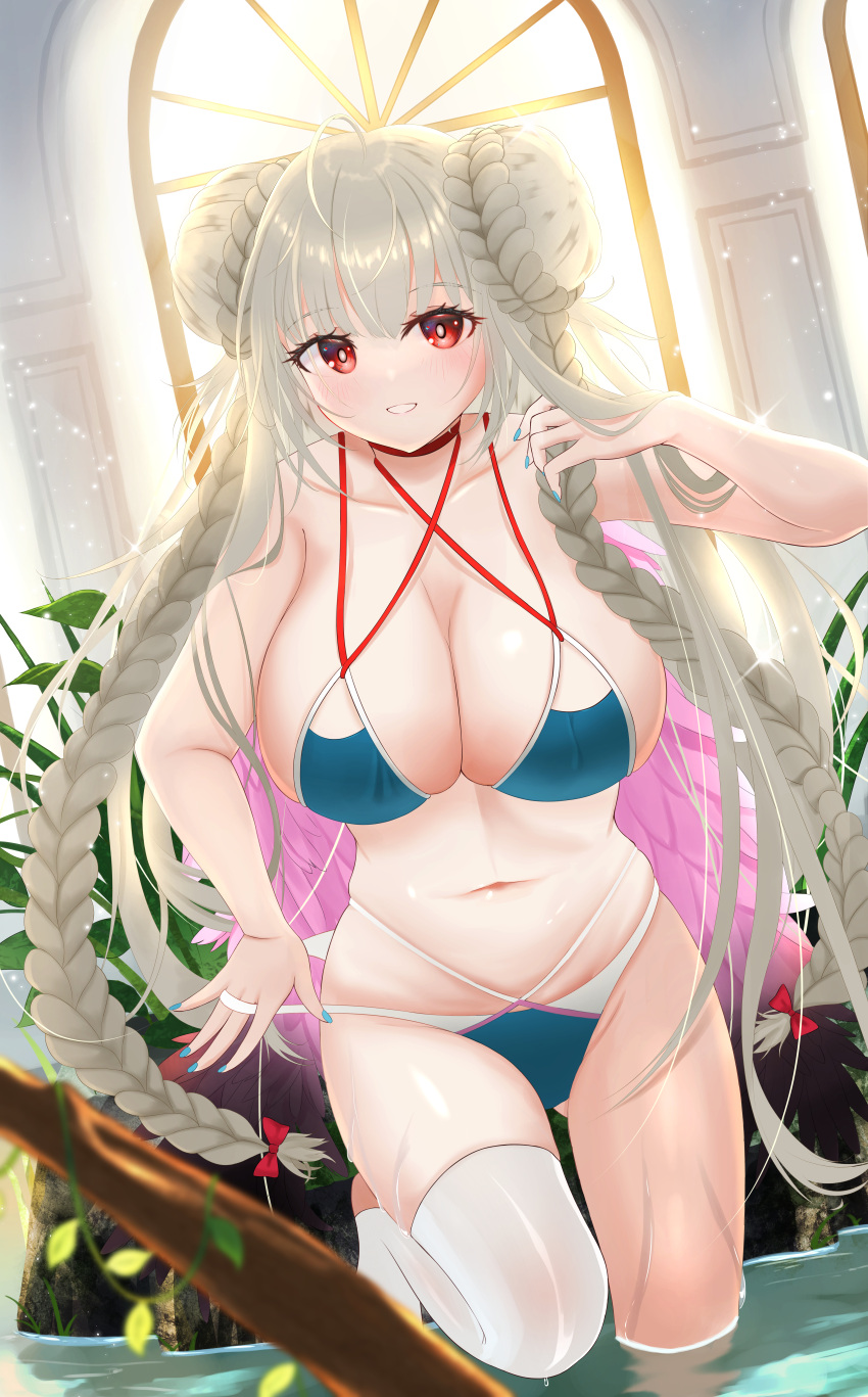 1girl absurdres aqua_nails azur_lane bikini blue_bikini braid braided_bun breasts choker cleavage criss-cross_halter double_bun feather_boa formidable_(azur_lane) formidable_(the_lady_of_the_beach)_(azur_lane) hair_bun halterneck highres huge_breasts long_hair looking_at_viewer multi-strapped_bikini navel official_alternate_costume pink_choker red_eyes single_thighhigh skindentation solo standing standing_on_one_leg swimsuit thighhighs tsuri_pi very_long_hair wading water white_thighhighs