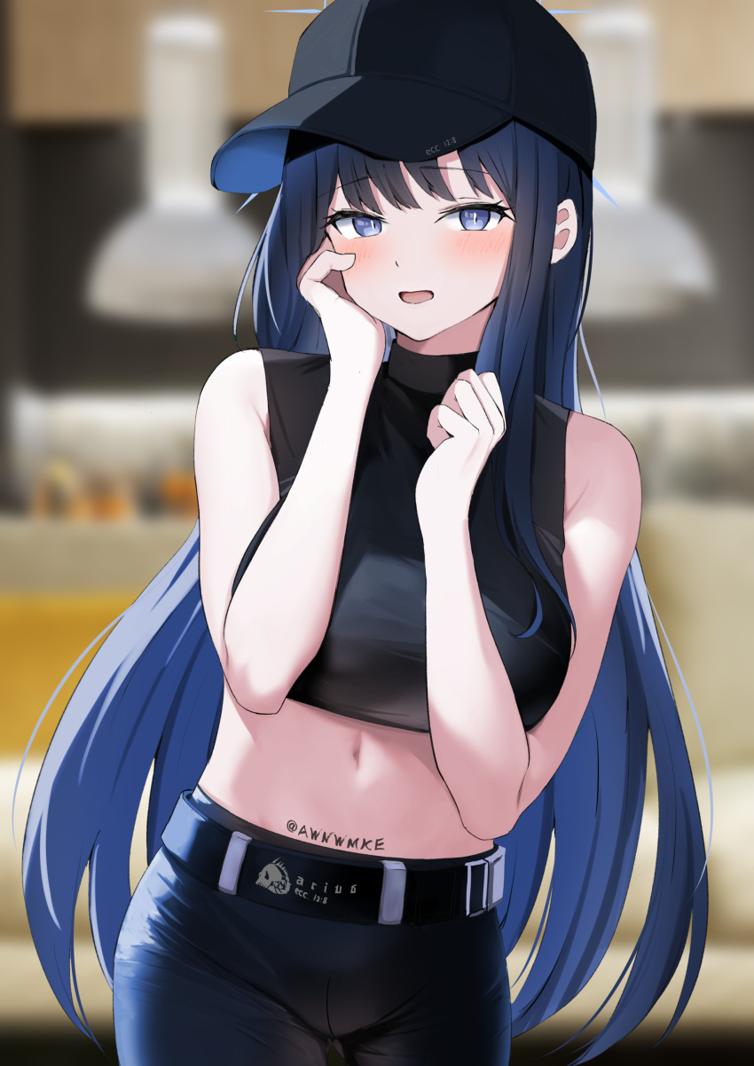 1girl absurdres awnw baseball_cap belt black_belt black_hair black_headwear black_pants black_shirt blue_archive blue_eyes blurry blurry_background blush breasts cowboy_shot hat highres long_hair looking_at_viewer medium_breasts navel open_mouth pants saori_(blue_archive) shirt sleeveless sleeveless_shirt solo twitter_username