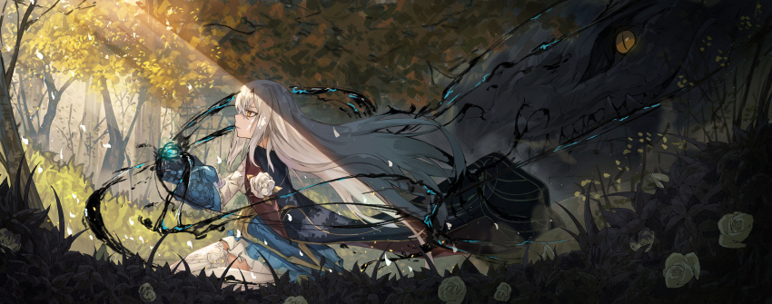 1girl absurdres brown_eyes cape darkness dragon fairy_knight_lancelot_(fate) fate/grand_order fate_(series) flower forest gauntlets highres kneeling lankuchashuangjielong long_hair nature rose thighhighs white_flower white_hair white_rose