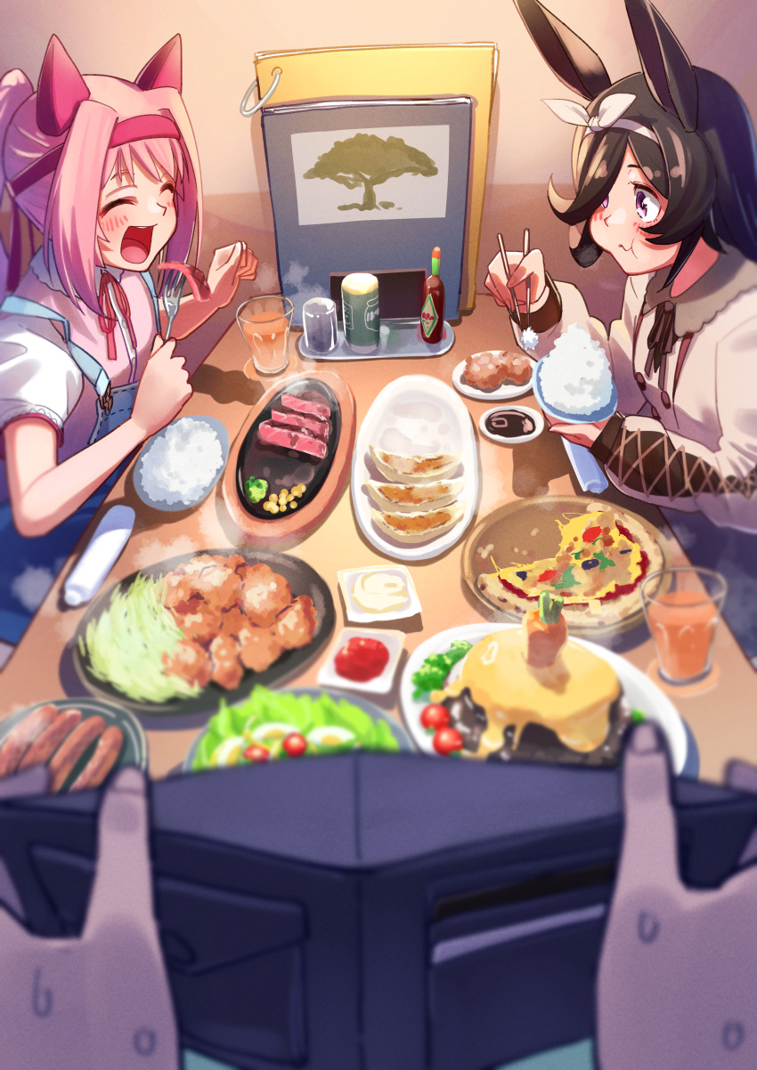 1other 2girls ^_^ absurdres ambiguous_gender black_hair bowl brown_coat carrot chopsticks closed_eyes coat cup dumpling ear_covers eating food fork freely2327 fried_chicken hair_over_one_eye hairband hamburger_steak haru_urara_(umamusume) headband highres holding holding_bowl holding_chopsticks holding_fork holding_wallet horse_girl jiaozi long_hair multiple_girls overalls pink_hair pink_headband pink_shirt ponytail pov pov_hands purple_eyes rice rice_shower_(umamusume) salad sausage shirt steak trainer_(umamusume) umamusume wallet white_hairband