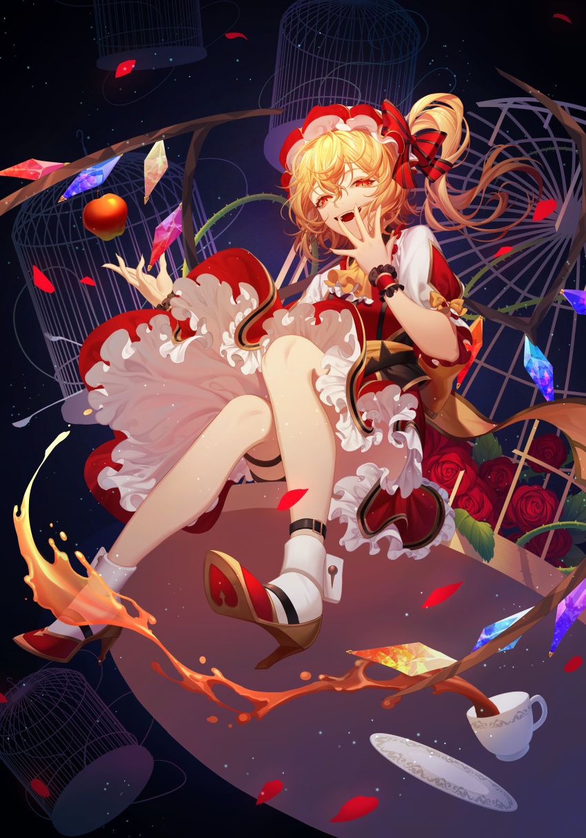 1girl absurdres adapted_costume ankle_cuffs ankle_strap apple ascot birdcage blonde_hair bow cage crystal cup dress english_commentary erchongbaojun evil_smile flandre_scarlet flower food frilled_ascot frills fruit full_body gold_trim hand_up hands_up hat hat_bow high_heels highres long_hair looking_at_viewer open_mouth petticoat puffy_short_sleeves puffy_sleeves red_bow red_dress red_eyes red_flower red_footwear red_headwear red_rose rose saucer short_sleeves side_ponytail sitting slit_pupils smile socks solo striped striped_bow tea teacup thorns touhou white_socks wings wrist_cuffs yellow_ascot