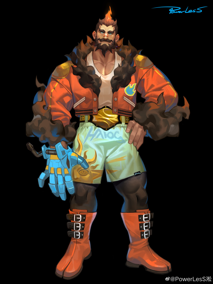 1boy absurdres bara beard belt belt_buckle black_background black_leggings boots buckle facial_hair fiery_hair full_body fur-trimmed_jacket fur_trim green_eyes green_shorts hand_on_own_hip highres huge_eyebrows jacket knee_boots large_hands large_pectorals leggings long_beard male_focus mature_male multiple_belts muscular muscular_male open_clothes open_jacket orange_footwear orange_jacket original pectoral_cleavage pectorals powerlesssong prosthesis prosthetic_hand short_hair shorts solo standing thick_mustache wrestler wrestling_outfit