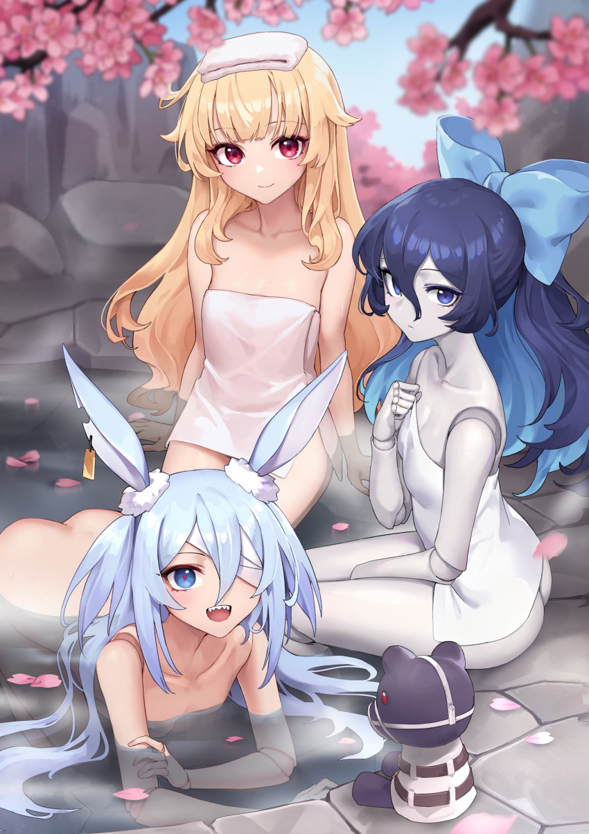 3girls absurdres animal_ears artist_request ass bandage_over_one_eye bare_legs bare_shoulders bent_over between_legs blonde_hair blue_bow blue_eyes blue_hair blush bow breasts butt_crack cherry_blossoms completely_nude curly_hair day earrings expressionless from_above from_side hair_between_eyes hair_bow hand_between_legs highres jewelry little_witch_nobeta long_hair looking_at_viewer looking_to_the_side looking_up lying monica_(little_witch_nobeta) multiple_girls naked_towel nobeta nude official_art on_stomach onsen outdoors pale_skin partially_submerged rabbit_ears red_eyes sharp_teeth single_earring small_breasts smile stuffed_animal stuffed_toy tania_(little_witch_nobeta) teddy_bear teeth towel towel_on_head upper_teeth_only very_long_hair wading