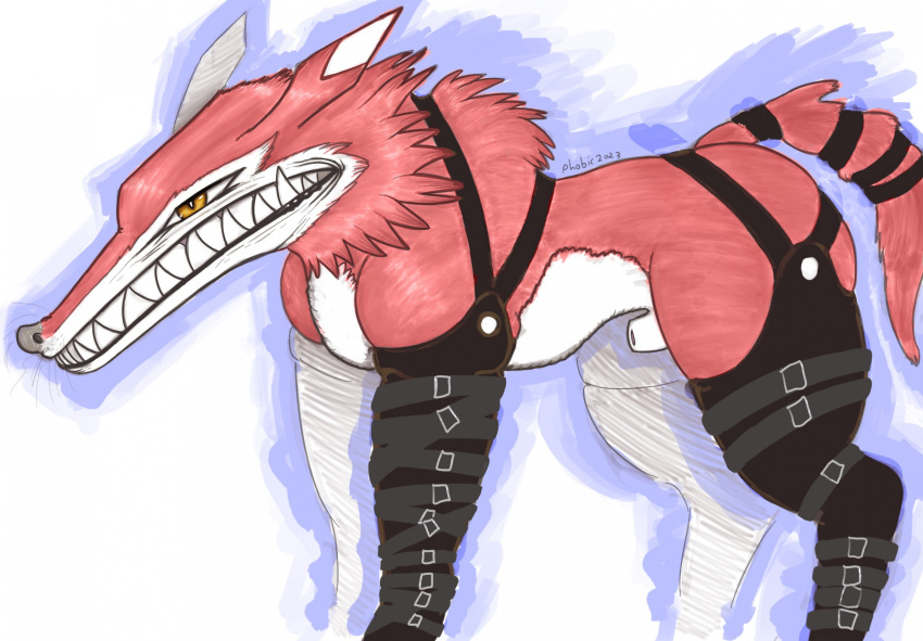 animal_genitalia anthro bandai_namco canid canine canis digimon digimon_(species) fangmon feral fully_sheathed fur genitals harness hi_res leather leather_harness leather_strap long_snout male mammal phobicsnakes red_body red_fur sharp_teeth sheath snout teeth wolf