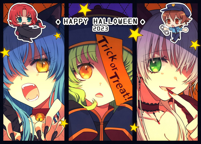 ao_no_kiseki breasts eiyuu_densetsu elie_macdowell green_eyes grey_hair hairband hajimari_no_kiseki halloween halloween_costume happy_halloween highres kea_(eiyuu_densetsu) lloyd_bannings long_hair multiple_boys multiple_girls police police_uniform randolph_orlando sano_(merrymerry) smile tio_plato uniform yellow_eyes zero_no_kiseki