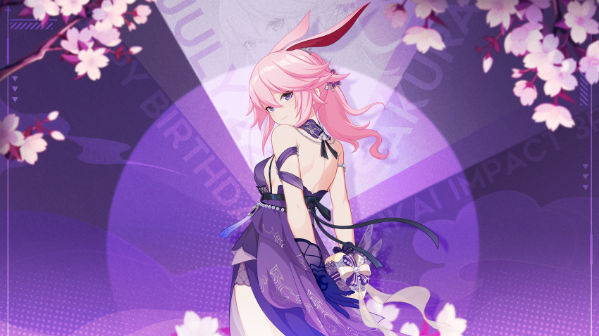 1girl armlet arms_behind_back back bare_legs bare_shoulders box breasts character_name closed_mouth dress gift gift_box gloves hair_between_eyes happy_birthday heart-shaped_box highres holding holding_gift honkai_(series) honkai_impact_3rd looking_at_viewer medium_breasts medium_hair official_alternate_costume official_art official_wallpaper pink_hair ponytail purple_dress purple_gloves simple_background solo yae_sakura yae_sakura_(flame_sakitama)