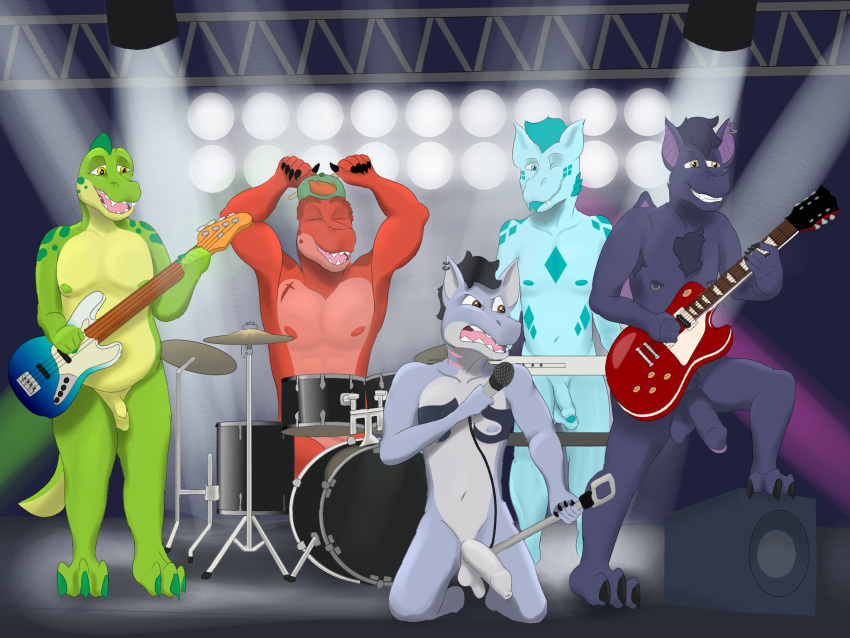 alligator alligatorid anthro armpit_hair balls baseball_cap_only bass_guitar bat biceps body_hair chest_tuft crocodilian dinosaur dragon drum ear_piercing fish foreskin genitals gills green_body green_scales group guitar hi_res javier_(tobythederg) kade_(tobythederg) keyboard_instrument kneeling male mammal marine muscular muscular_male musical_instrument navel nipple_piercing nipples pecs penis percussion_instrument piercing plantigrade plucked_string_instrument red_body red_scales reed_(tobythederg) reptile rock_out_with_your_cock_out ronin_(tobythederg) scales scalie scar shark slightly_chubby stage stage_lights standing string_instrument tattoo teal_scales theropod toby_(tobythederg) tobythederg tuft turquoise_scales tyrannosaurid tyrannosaurus tyrannosaurus_rex western_dragon