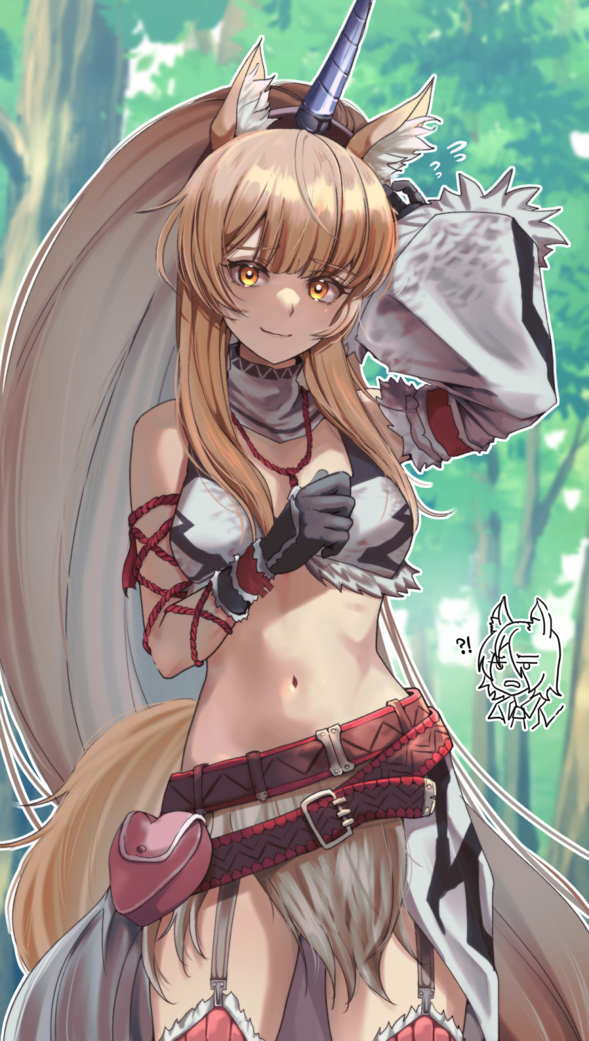 !? 1girl 55oyatu animal_ears arknights belt black_gloves blemishine_(arknights) blonde_hair detached_sleeves fake_horns garter_straps gloves highres horned_headwear horns horse_ears horse_tail kirin_(armor) long_hair midriff mlynar_(arknights) monster_hunter_(series) navel single_detached_sleeve smile tail thighhighs very_long_hair yellow_eyes