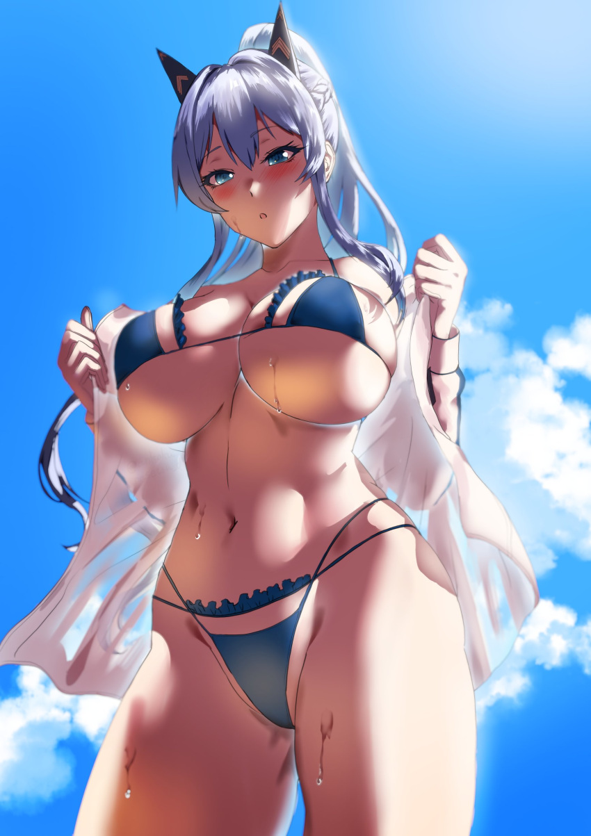 1girl absurdres bikini blue_bikini blue_eyes blue_hair blue_sky breasts gloves goddess_of_victory:_nikke hair_between_eyes helm_(aqua_marine)_(nikke) helm_(nikke) high_ponytail highleg highleg_bikini highres jacket large_breasts light_blush long_hair long_sleeves micro_bikini mrdotd navel official_alternate_costume open_clothes open_jacket open_mouth outdoors see-through see-through_jacket see-through_shirt sidelighting sky solo string_bikini swimsuit wet wet_jacket white_gloves white_jacket