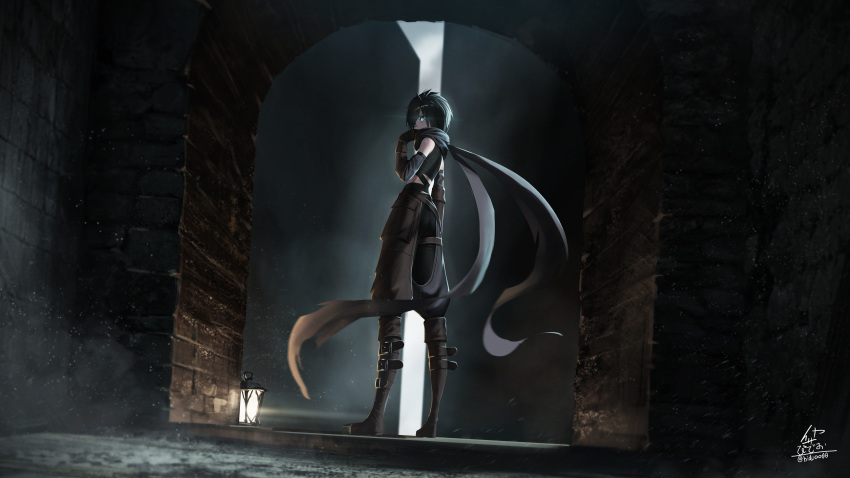 1girl absurdres alley aqua_eyes aqua_hair belt black_hair boots chaps elbow_gloves fantasy full_body gloves highres ikasamahideo lantern leather leather_boots leather_gloves looking_at_viewer looking_back original scarf short_hair signature steel-toe_boots torn_scarf tsurime