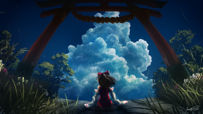 1girl arms_at_sides artist_name black_hair blue_sky bow cloud cloudy_sky dated detached_sleeves facing_away fisheye flower frilled_bow frills from_behind from_ground grass hair_bow hakurei_reimu highres looking_afar looking_ahead on_ground red_bow red_shirt red_skirt ribbon-trimmed_sleeves ribbon_trim rope shimenawa shirt short_hair signature sitting skirt sky sleeveless sleeveless_shirt solo torii touhou tree white_sleeves wide_sleeves wind wjstpwls4