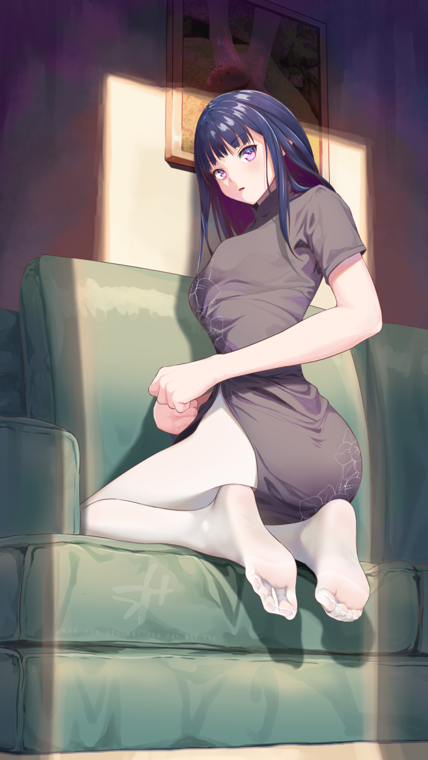 1girl breasts brown_dress china_dress chinese_clothes dress highres indoors kneeling large_breasts legs long_hair looking_back no_shoes original pantyhose parted_lips purple_eyes purple_hair side_slit soles solo wcks0774 white_pantyhose