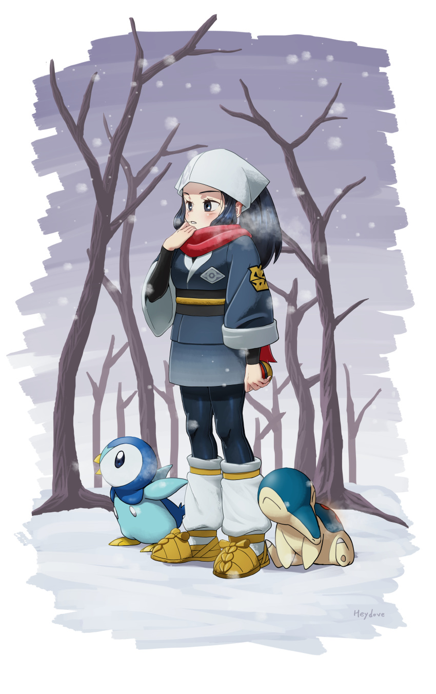 1girl absurdres akari_(pokemon) bare_tree black_hair black_pantyhose black_sash black_shirt breath commentary_request cyndaquil eyelashes grey_eyes head_scarf heydove highres holding holding_poke_ball jacket logo long_hair loose_socks outdoors pantyhose parted_lips piplup poke_ball poke_ball_(legends) pokemon pokemon_(creature) pokemon_(game) pokemon_legends:_arceus ponytail sash scarf shirt shoes sidelocks skirt snowing socks standing tree white_headwear