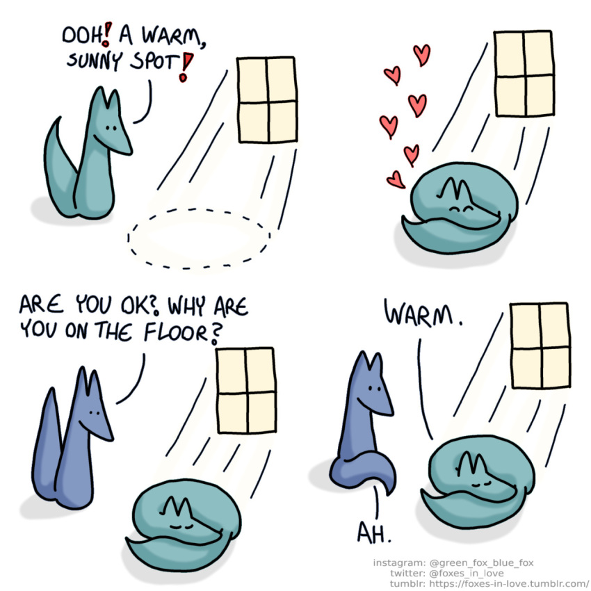 &lt;3 2023 ambiguous_gender blue_body blue_fox_(foxes_in_love) blue_fur canid canine comic curled_up dialogue digital_media_(artwork) duo english_text feral fox foxes_in_love fur green_body green_fox_(foxes_in_love) green_fur hi_res light light_beam male_(lore) mammal shadow simple_background sunbathing sunbeam sunlight tail text trans_(lore) trans_man_(lore) url window