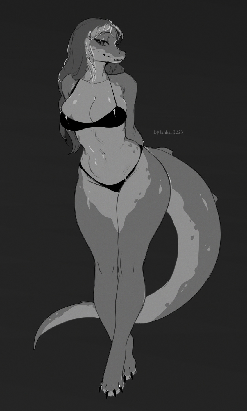 anthro bra breasts clothing crocodile crocodilian crocodylid female greyscale hair hands_behind_back hi_res lanhai lingerie long_hair maddie_(obsessivedoodle) monochrome narrowed_eyes non-mammal_breasts panties reptile scalie skimp smile solo tail thick_tail underwear