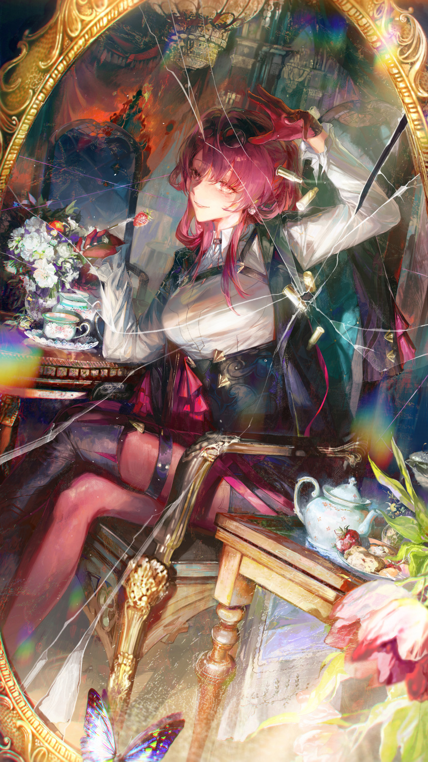 1girl absurdres arm_up black_jacket black_shorts boots bug butterfly chair chandelier commentary_request crack cracked_glass crossed_legs cup daylightallure eyewear_on_head feet_out_of_frame flower food fork fruit gloves high-waist_shorts highres holding holding_fork honkai:_star_rail honkai_(series) indoors jacket jewelry kafka_(honkai:_star_rail) long_hair long_sleeves looking_at_viewer mirror multiple_rings on_chair pantyhose pantyhose_under_shorts purple_eyes purple_gloves purple_hair purple_pantyhose ring round_eyewear saucer shell_casing shirt shorts single_thigh_boot sitting smile solo strawberry sunglasses table teacup thigh_boots white_flower white_shirt
