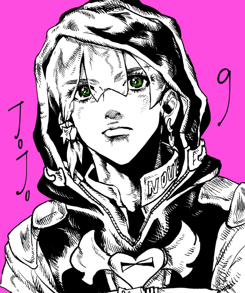 1boy absurdres closed_mouth earrings green_eyes greyscale_with_colored_background highres hood hood_up jacket jewelry jodio_joestar jojo_no_kimyou_na_bouken male_focus my_nameisyoon pink_background short_hair simple_background solo spot_color the_jojolands