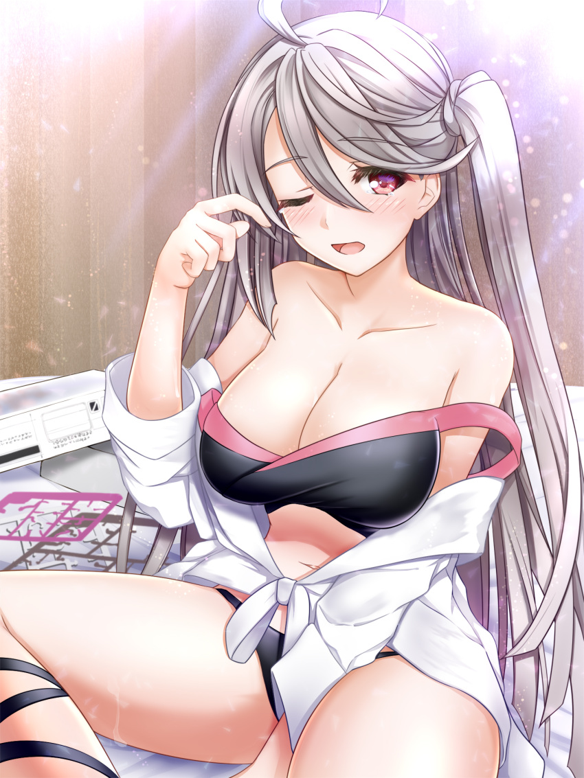 1girl ahoge black_panties blush breasts cleavage collarbone front-tie_top grey_hair gundam_build_metaverse gunpla highres large_breasts long_hair model_kit nyabe off_shoulder one_eye_closed open_mouth panties purple_eyes side_ponytail solo tank_top underwear urutsuki_seria very_long_hair wooden_wall