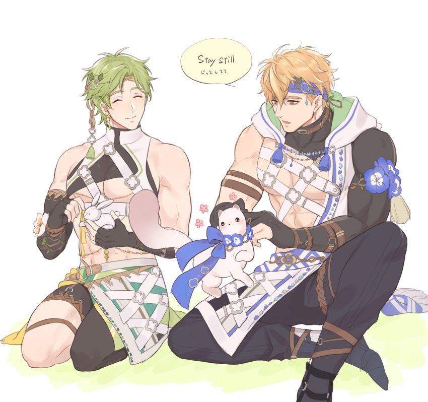 2boys 7go3_nc abs bags_under_eyes bare_shoulders black_gloves blonde_hair blue_flower blue_headband ermine ferret fingerless_gloves flower gem gloves green_hair headband highres large_pectorals long_sleeves male_focus multiple_boys muscular muscular_male nu_carnival olivine_(nu_carnival) orange_eyes pectorals quincy_(nu_carnival) short_hair tassel topper_(nu_carnival) weasel yellow_gemstone