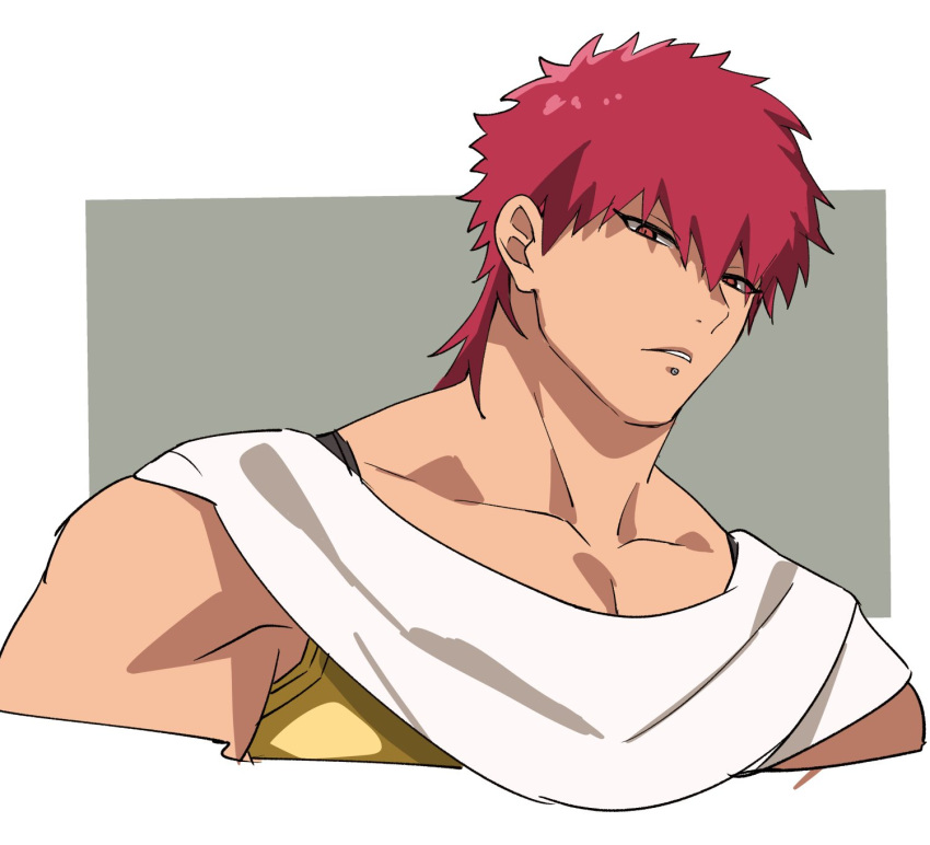 1boy bara cropped_torso dot_pupils highres jitome large_pectorals looking_at_viewer magi_the_labyrinth_of_magic masrur muscular muscular_male pectoral_cleavage pectorals red_hair rio_mukiniki short_hair sleeveless solo