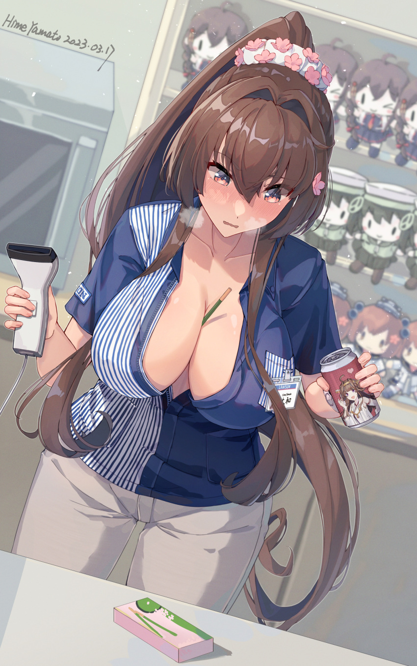 1girl barcode_scanner belt between_breasts blush breasts brown_eyes brown_hair can cashier character_doll cleavage convenience_store counter employee_uniform flower food grey_pants hair_flower hair_ornament high_ponytail highres himeyamato holding holding_can jacket kantai_collection kongou_(kancolle) large_breasts long_hair microwave no_bra open_mouth pants partially_unzipped pocky scrunchie shelf shigure_(kancolle) shigure_kai_san_(kancolle) shirt shop short_sleeves sidelocks solo source_quote store_clerk striped striped_shirt terminator_(series) the_terminator uniform vertical-striped_shirt vertical_stripes white_scrunchie yamato_(kancolle) yukikaze_(kancolle) yukikaze_kai_ni_(kancolle) yuri