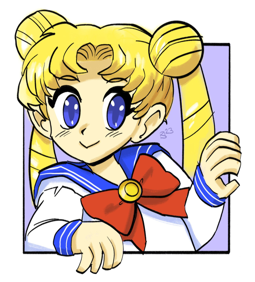 1girl artist_logo bishoujo_senshi_sailor_moon blonde_hair blue_background blue_eyes blue_sailor_collar border bow bowtie dated double_bun english_commentary fauxsquared hair_bun highres juuban_middle_school_uniform long_hair looking_at_viewer outside_border red_bow red_bowtie sailor_collar school_uniform serafuku shirt simple_background smile solo tsukino_usagi twintails upper_body white_background white_border white_shirt